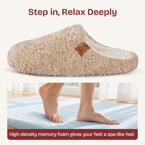 EverFoams Women's Fuzzy Slip-on Slippers Soft Comfy Memory Foam Indoor House Shoes Khaki,9-10 US - Image 4