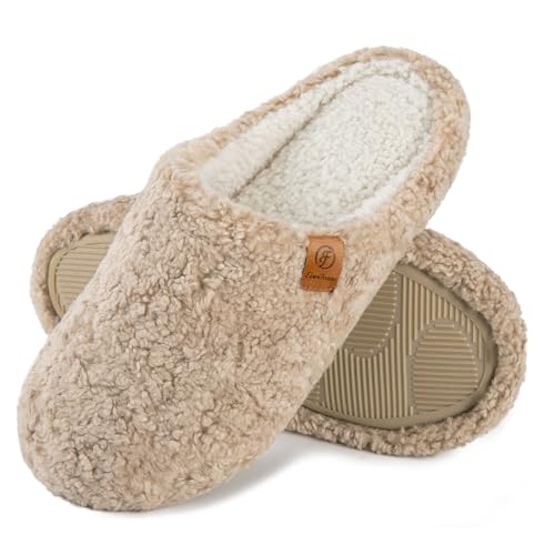EverFoams Women's Fuzzy Slip-on Slippers Soft Comfy Memory Foam Indoor House Shoes Khaki,9-10 US - Image 1