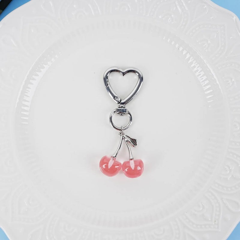 Agromusk Cute Cherry Keychain,Kawaii Cherry Bag Purse Charms for Women Car Keys Decor Gifts Stuff Accessories (Silver Pink) - Image 2