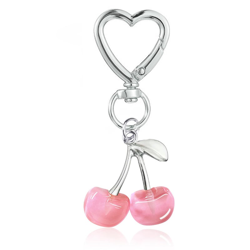 Agromusk Cute Cherry Keychain,Kawaii Cherry Bag Purse Charms for Women Car Keys Decor Gifts Stuff Accessories (Silver Pink) - Image 1