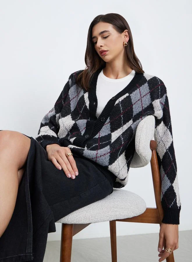 Styli Oversized Longline Argyle Pattern Cardigan