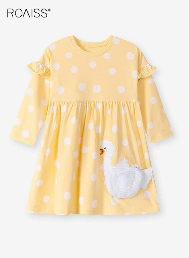 roaiss Girls Stylish Dress, Long Sleeve Round Neck A-line Dress, Polka Dots Cotton Dress for Girls, Fancy Frock with Cartoon Pattern, Suitable for Daily Wear and Outdoor Activities - Image 1