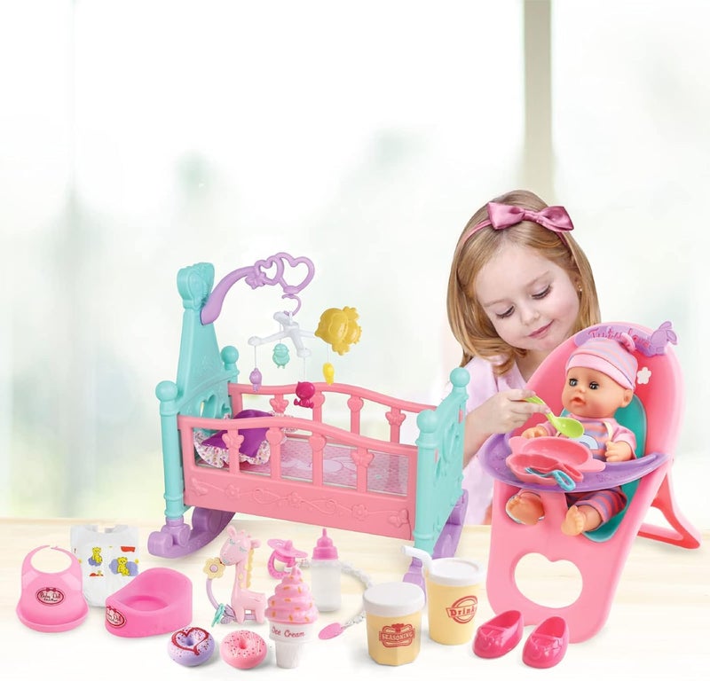 deAO 12â€ Baby Doll Play Set with Crib, Mobile, High Chair Feeding Accessories, Interactive Dolls for Girls Kids Pretend Play Baby Dolls 21 PCS - Image 2