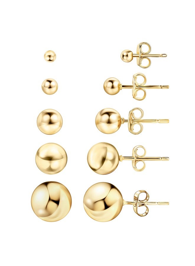 Barzel 18K Gold Plated Ball Stud Earrings Set, Sizes 3-10Mm, 5 Pack, High Polish Finish Ball Suds - Image 1