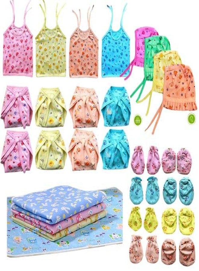 KmCho Newborn Baby Care Cloth Set Combo (28 Pcs) – 4 Jhabla, 8 Nappy, 8 Mittens, 4 Caps & 4 Plastic Mats – Soft Hosiery Fabric for Boys & Girls – Comfortable & Skin-Friendly Essentials - Image 1