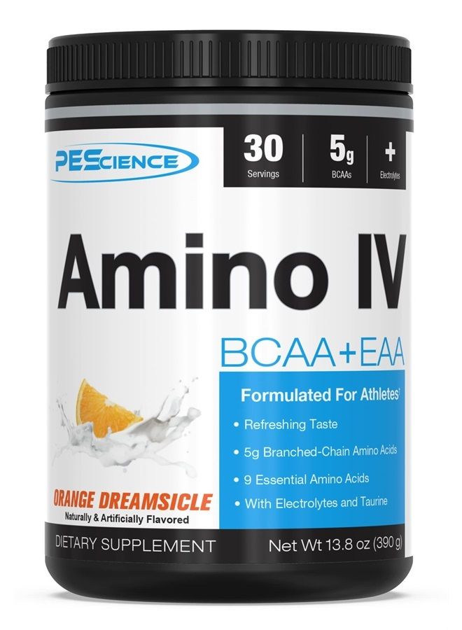 PEScience Amino IV, Orange Dreamsicle, 60 Scoop, BCAA and EAA Powder with Electrolytes - Image 1