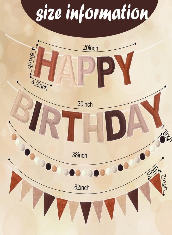 Oudain 4 Pcs Pre Strung Happy Birthday Banner Felt Happy Birthday Garland Pom Pom Balls Felt Pennant Flag Multicolor Bunting String Triangle Flags Bulk Reusable Party Decorations(Coffee, Beige) - Image 4