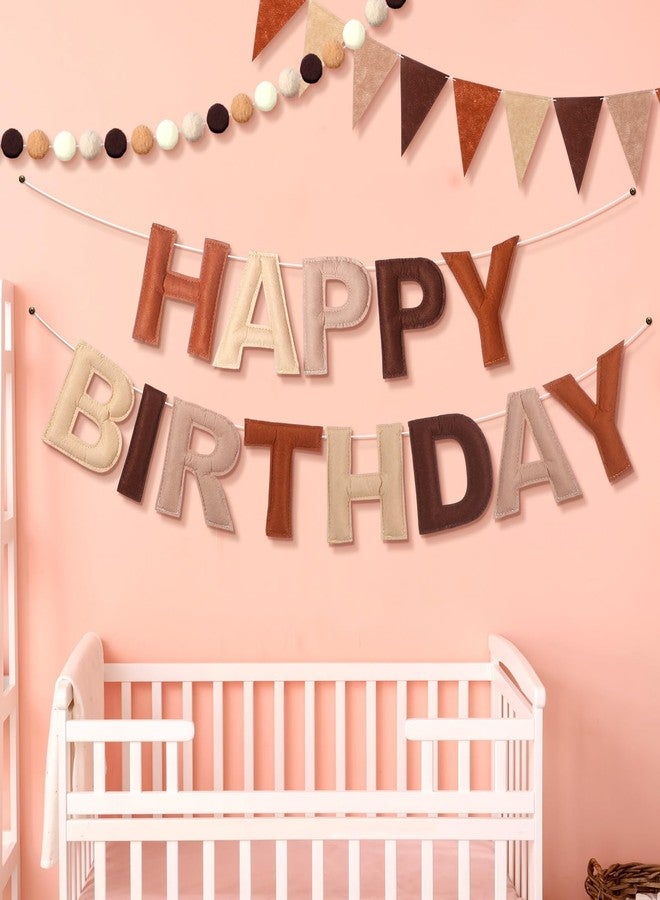 Oudain 4 Pcs Pre Strung Happy Birthday Banner Felt Happy Birthday Garland Pom Pom Balls Felt Pennant Flag Multicolor Bunting String Triangle Flags Bulk Reusable Party Decorations(Coffee, Beige) - Image 5