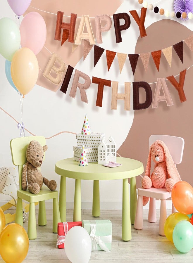 Oudain 4 Pcs Pre Strung Happy Birthday Banner Felt Happy Birthday Garland Pom Pom Balls Felt Pennant Flag Multicolor Bunting String Triangle Flags Bulk Reusable Party Decorations(Coffee, Beige) - Image 3