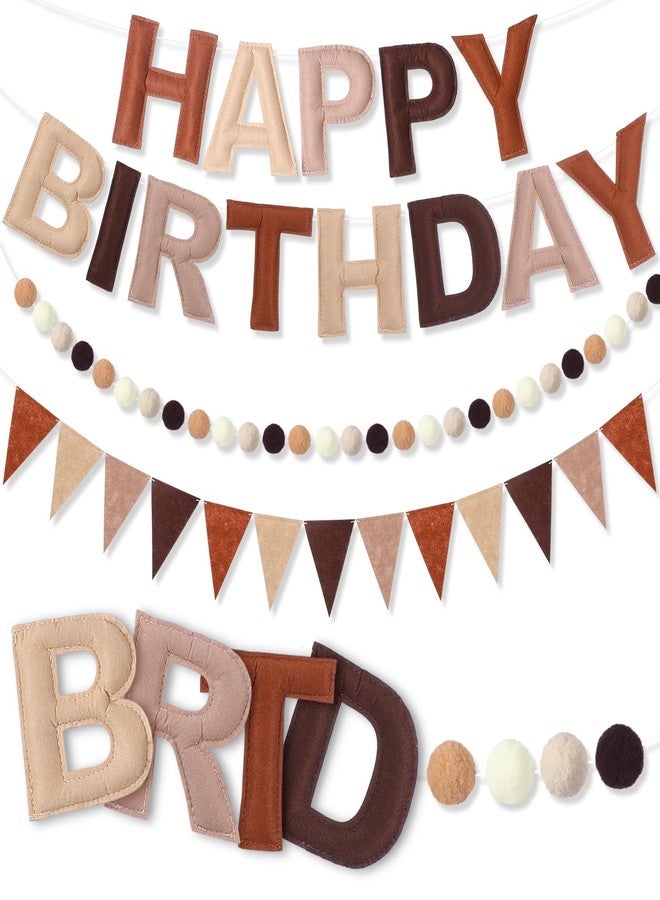 Oudain 4 Pcs Pre Strung Happy Birthday Banner Felt Happy Birthday Garland Pom Pom Balls Felt Pennant Flag Multicolor Bunting String Triangle Flags Bulk Reusable Party Decorations(Coffee, Beige) - Image 1