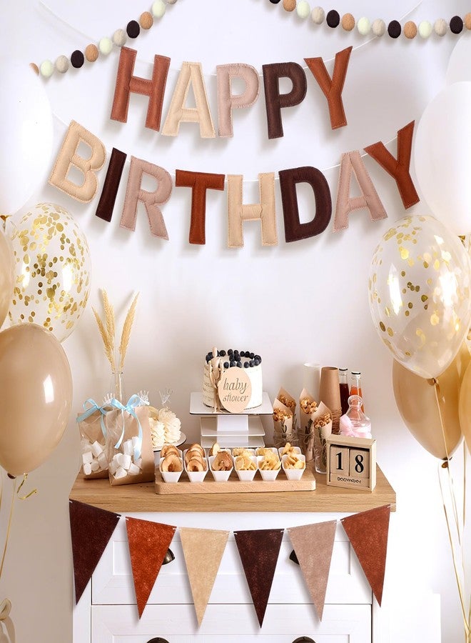 Oudain 4 Pcs Pre Strung Happy Birthday Banner Felt Happy Birthday Garland Pom Pom Balls Felt Pennant Flag Multicolor Bunting String Triangle Flags Bulk Reusable Party Decorations(Coffee, Beige) - Image 2