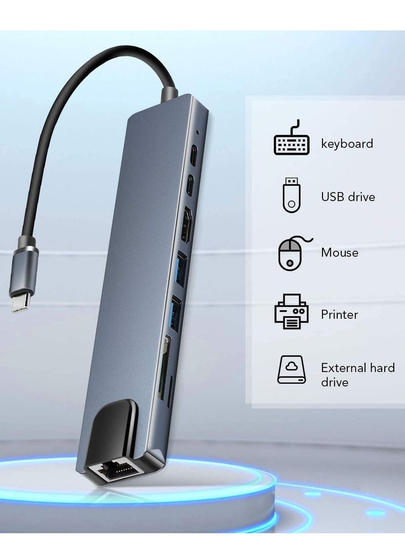 USB C Hub (8 in 1 Multifunction Adapter for MacBook & Windows) / USB Docking Station / 4K HDMI, HDTV, SD/TF card, RJ45, USB C - Image 2