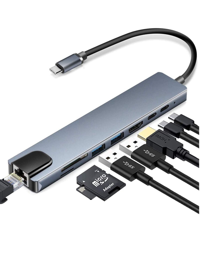 USB C Hub (8 in 1 Multifunction Adapter for MacBook & Windows) / USB Docking Station / 4K HDMI, HDTV, SD/TF card, RJ45, USB C - Image 3