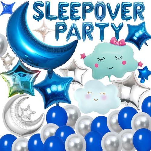 DUFACAI 47 Pieces Sleepover Party Decoration Blue Sleepover Birthday Party Balloons Banner Cute Moon Star for Kids Boys Girls Pajamas Slumber Night Out Party Decoration Black - Image 1