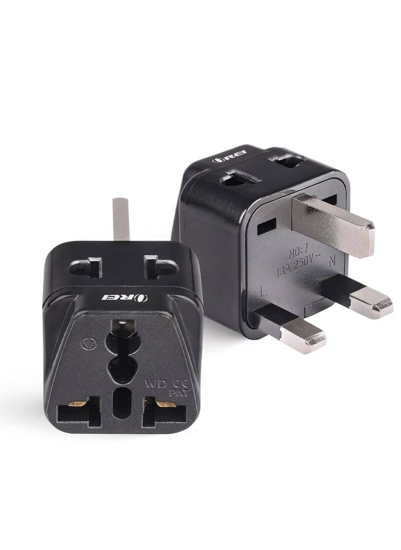 OREI OREI India to UAE Hong Kong Dubai UK Adapter Type G Plug Adapter 2 in 1 Perfect for Laptop Camera Chargers Travel Adapter UK CE RoHS Black 2 Pack 5 Years Warranty  - Image 1