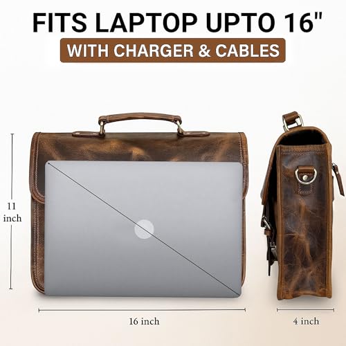 RUSTIC TOWN Leather Messenger Bag for Men - Full Grain Leather Briefcase Laptop Satchel Office Crossbody Travel Bag (16 Inch, Brown) - Image 2