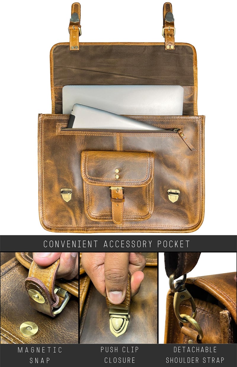 RUSTIC TOWN Leather Messenger Bag for Men - Full Grain Leather Briefcase Laptop Satchel Office Crossbody Travel Bag (16 Inch, Brown) - Image 3