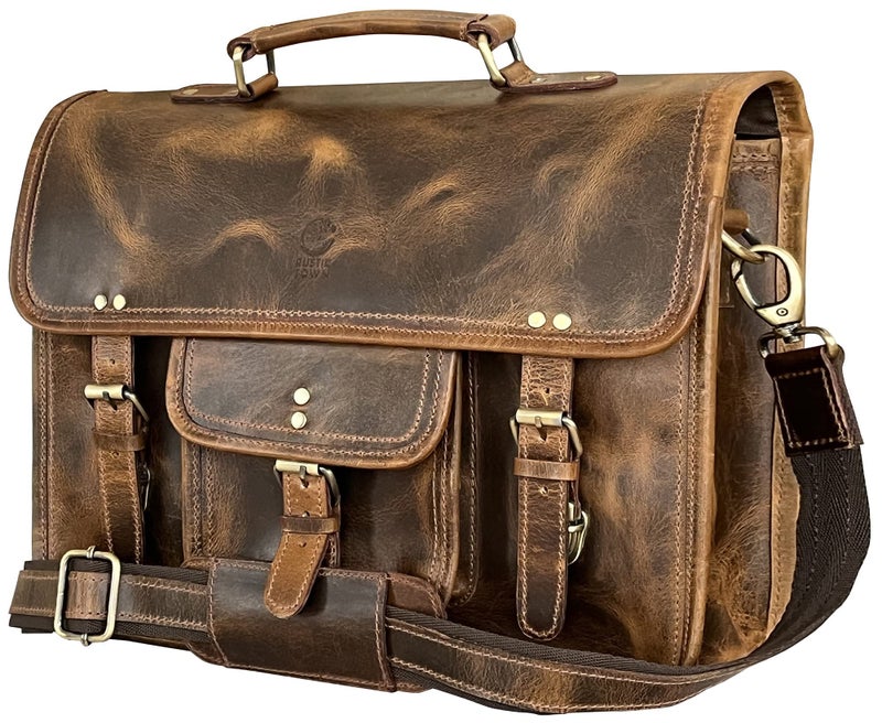 RUSTIC TOWN Leather Messenger Bag for Men - Full Grain Leather Briefcase Laptop Satchel Office Crossbody Travel Bag (16 Inch, Brown) - Image 1