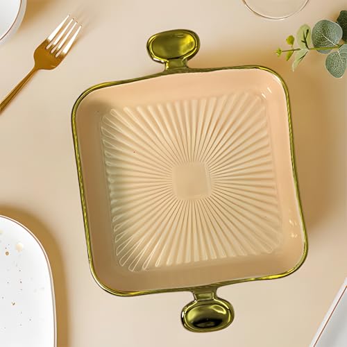 Lemon Tree Ceramic Square Deep Snack Platter with Golden Rim & Side Handles | Serving Dish for Snacks, Desserts, Veggies, Chips, Cookies, Fruits (Peach) - Image 3