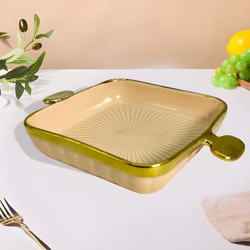 Lemon Tree Ceramic Square Deep Snack Platter with Golden Rim & Side Handles | Serving Dish for Snacks, Desserts, Veggies, Chips, Cookies, Fruits (Peach) - Image 1
