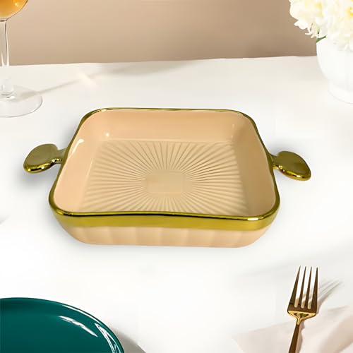 Lemon Tree Ceramic Square Deep Snack Platter with Golden Rim & Side Handles | Serving Dish for Snacks, Desserts, Veggies, Chips, Cookies, Fruits (Peach) - Image 2