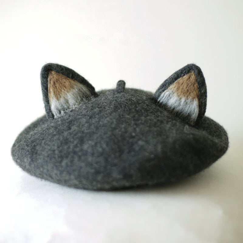 Parent-Child Wool Beret Cat Ears Artist Cap Dark gray