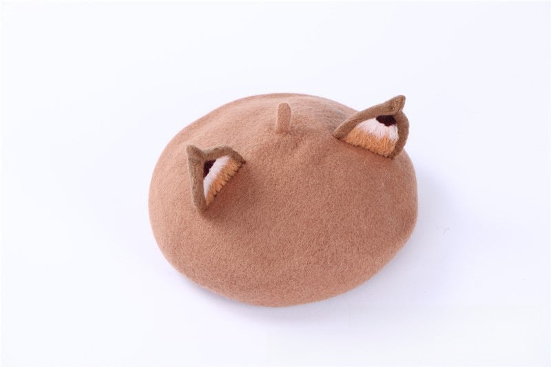 Parent-Child Wool Beret Cat Ears Artist Cap Dark gray