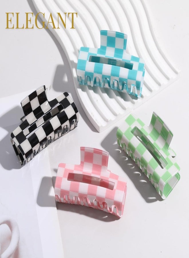 LuSeren 4 Pack 3 Inch colorful Hair Claw Clips for Women, Medium Rectangle Acetate Jaw Clips in Black, Pink,Green, Blue, Stylish Checkered Hair Accessories for Girls - Image 4