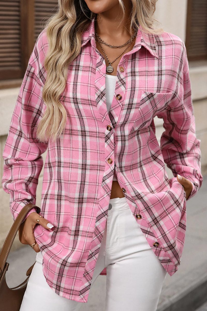 CHYRII Womens Oversized Flannel Shirts Button Down Long Sleeve Plaid Shirt Business Casual Blouse Top Pink L - Image 2