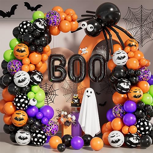 Grcypa Halloween Balloon Garland Arch kit with Spider Balloons Black Orange Purple Fruit Green Confetti Balloons BOO Foil Motifs Balloons for Halloween Theme Birthday Party Backdrops Decorations - Image 1