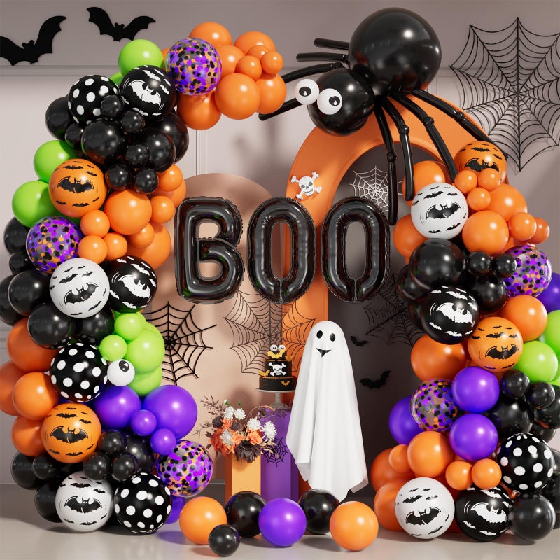Grcypa Halloween Balloon Garland Arch kit with Spider Balloons Black Orange Purple Fruit Green Confetti Balloons BOO Foil Motifs Balloons for Halloween Theme Birthday Party Backdrops Decorations - Image 2