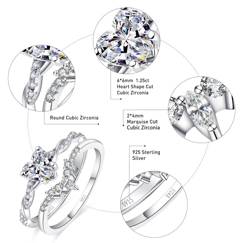 Yaresul Bridal Wedding Ring Set for Women 925 Sterling Silver Promise Ring for Her Sterling Silver Heart Ring Heart Cut Cubic Zirconia Ring Engagement Ring Size 6 - Image 3