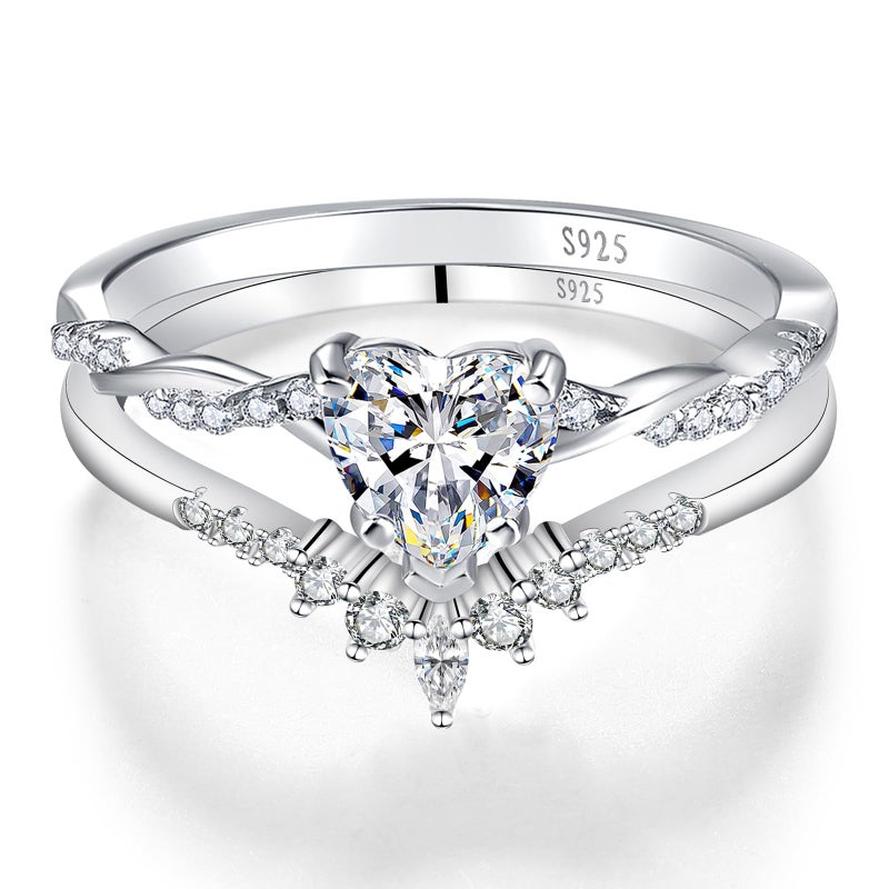 Yaresul Bridal Wedding Ring Set for Women 925 Sterling Silver Promise Ring for Her Sterling Silver Heart Ring Heart Cut Cubic Zirconia Ring Engagement Ring Size 6 - Image 2