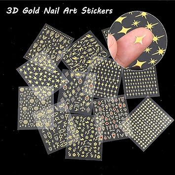 LLOUSSAK 12 Sheets Gold Nail Art Stickers 3D Star Decals SelfAdhesive Moon Heart Flower Design Charms for Manicure Supplies and Decorations - Image 3