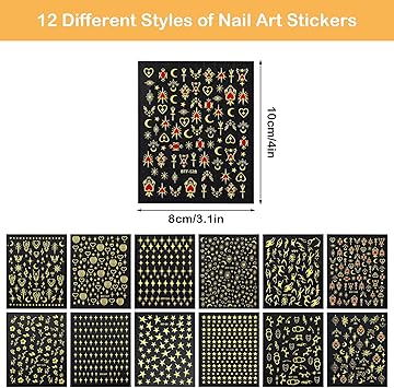 LLOUSSAK 12 Sheets Gold Nail Art Stickers 3D Star Decals SelfAdhesive Moon Heart Flower Design Charms for Manicure Supplies and Decorations - Image 2