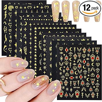 LLOUSSAK 12 Sheets Gold Nail Art Stickers 3D Star Decals SelfAdhesive Moon Heart Flower Design Charms for Manicure Supplies and Decorations - Image 1