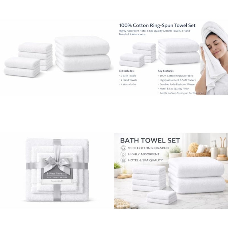 Premium Cotton Bath Towel 8-Piece Set, Brilliant White - Image 1