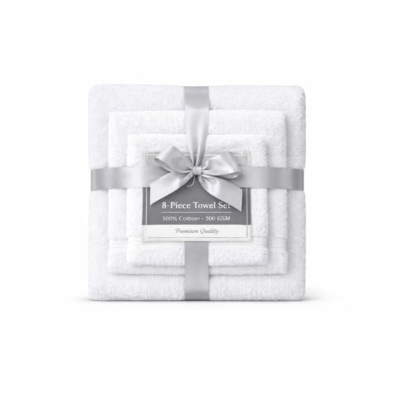 Premium Cotton Bath Towel 8-Piece Set, Brilliant White - Image 4