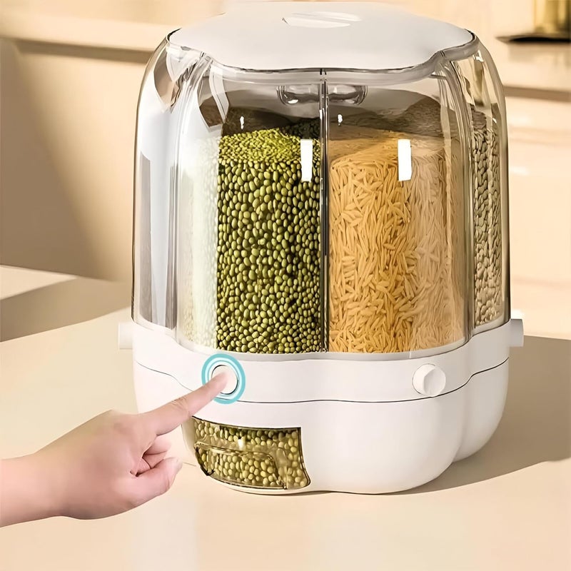 360 Degree Rotating Pulse Dispenser 6 Sections Capacity Up to 10 Kg Cereal Organizer Dry Cereal Condiment Dispenser Button Assembly Drawer Clear Lid for Kitchen - Image 3