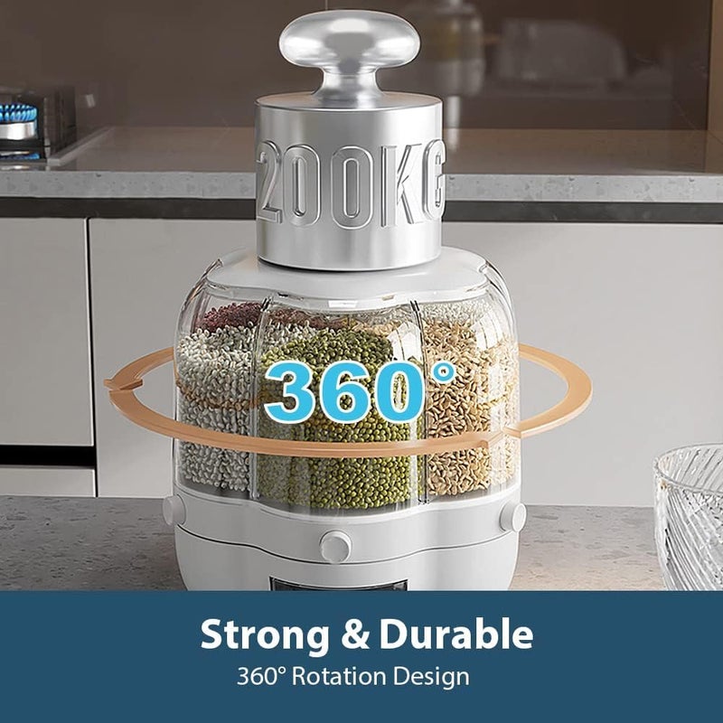 360 Degree Rotating Pulse Dispenser 6 Sections Capacity Up to 10 Kg Cereal Organizer Dry Cereal Condiment Dispenser Button Assembly Drawer Clear Lid for Kitchen - Image 4