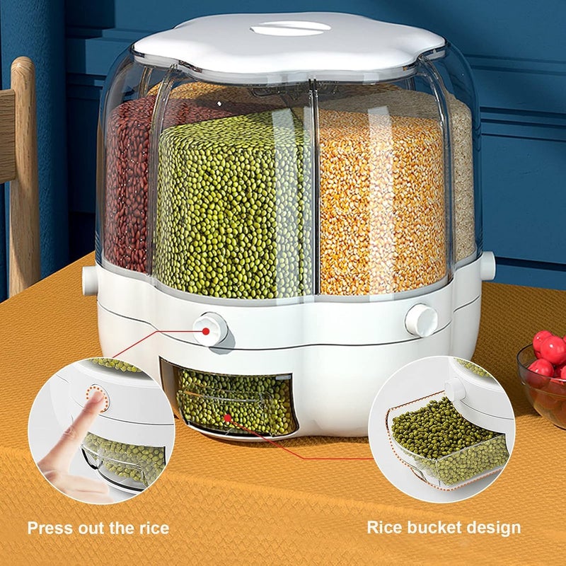 360 Degree Rotating Pulse Dispenser 6 Sections Capacity Up to 10 Kg Cereal Organizer Dry Cereal Condiment Dispenser Button Assembly Drawer Clear Lid for Kitchen - Image 1