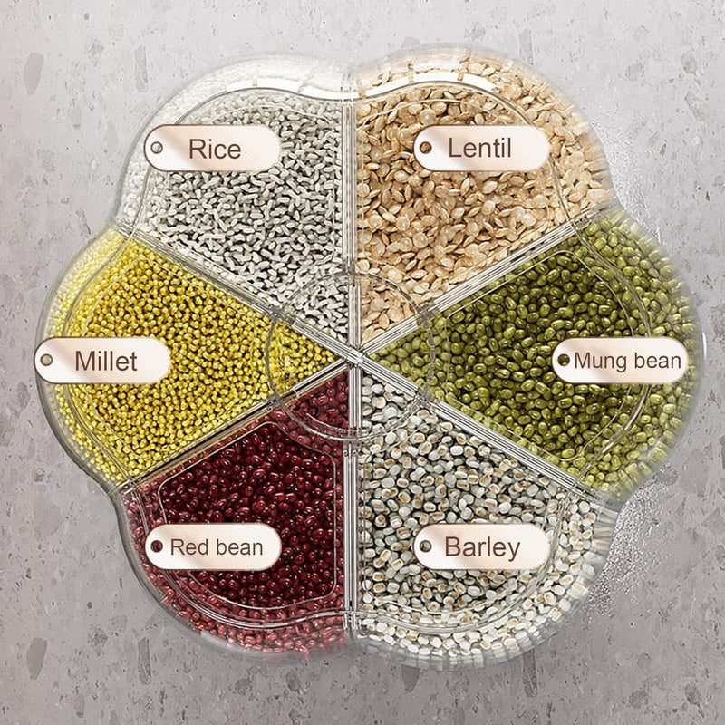 360 Degree Rotating Pulse Dispenser 6 Sections Capacity Up to 10 Kg Cereal Organizer Dry Cereal Condiment Dispenser Button Assembly Drawer Clear Lid for Kitchen - Image 2