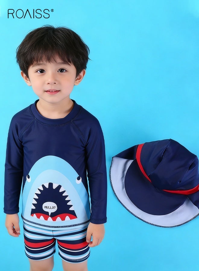 roaiss Boys 3PCS Swimsuit with Hat, Quick-drying Swim Set with Shark Top, Elastic Waist Shorts and Sunhat, Summer Bathing Suit for Boys, Breathable Skin-friendly Rash Guard Swimsuits - Image 1
