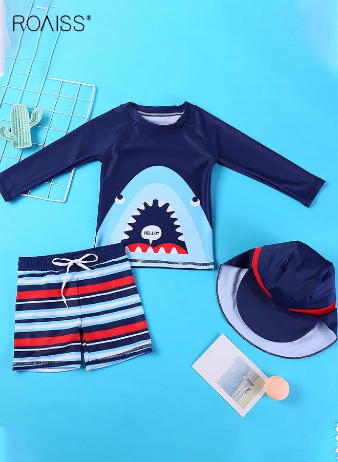 roaiss Boys 3PCS Swimsuit with Hat, Quick-drying Swim Set with Shark Top, Elastic Waist Shorts and Sunhat, Summer Bathing Suit for Boys, Breathable Skin-friendly Rash Guard Swimsuits - Image 2