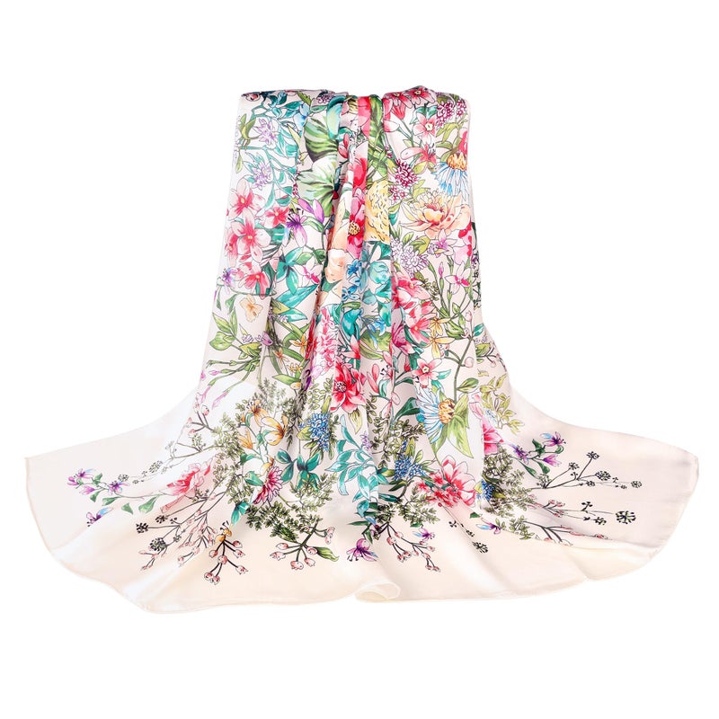 MEISEE 100% Pure Mulberry Silk Scarf 43â€*43â€ Large Square Lightweight Headscarf Womenâ€™s Hair Wraps Shawls with Gift Packed (White flowers) - Image 1