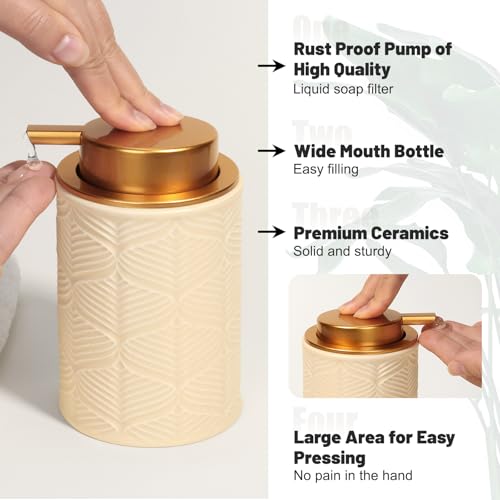 Kukikan Ceramic Bathroom Accessories Set, 4 Pcs-Includes Lotion Soap Dispenser, Toothbrush Holder, Vanity Tray, and Tumbler, Modern Bathroom Decor Organizer with Soap Dish, Apothecary Jar, Beige Color - Image 5