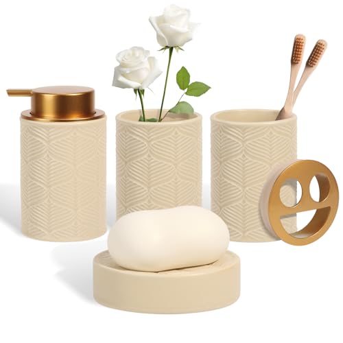 Kukikan Ceramic Bathroom Accessories Set, 4 Pcs-Includes Lotion Soap Dispenser, Toothbrush Holder, Vanity Tray, and Tumbler, Modern Bathroom Decor Organizer with Soap Dish, Apothecary Jar, Beige Color - Image 1