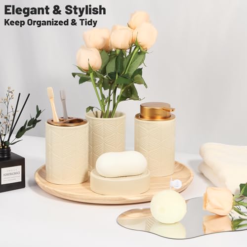 Kukikan Ceramic Bathroom Accessories Set, 4 Pcs-Includes Lotion Soap Dispenser, Toothbrush Holder, Vanity Tray, and Tumbler, Modern Bathroom Decor Organizer with Soap Dish, Apothecary Jar, Beige Color - Image 4