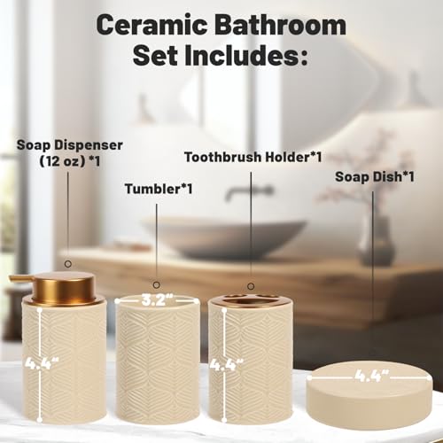 Kukikan Ceramic Bathroom Accessories Set, 4 Pcs-Includes Lotion Soap Dispenser, Toothbrush Holder, Vanity Tray, and Tumbler, Modern Bathroom Decor Organizer with Soap Dish, Apothecary Jar, Beige Color - Image 3