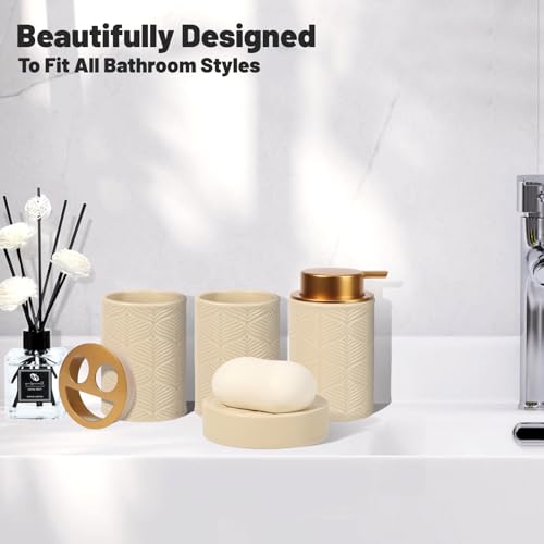 Kukikan Ceramic Bathroom Accessories Set, 4 Pcs-Includes Lotion Soap Dispenser, Toothbrush Holder, Vanity Tray, and Tumbler, Modern Bathroom Decor Organizer with Soap Dish, Apothecary Jar, Beige Color - Image 2